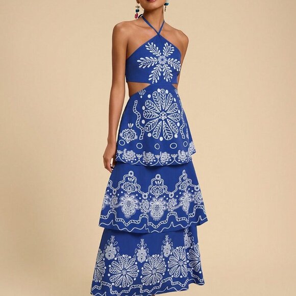 Blue Boho Women's Vacation Chiffon Floral Print Backless Halter Dress - Picture 6 of 6